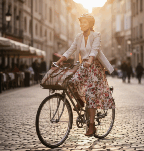 femme allant en jupe en vélo au travail