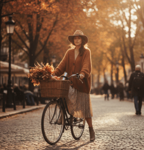 jeune femme à vélo en automne avec robe longue
